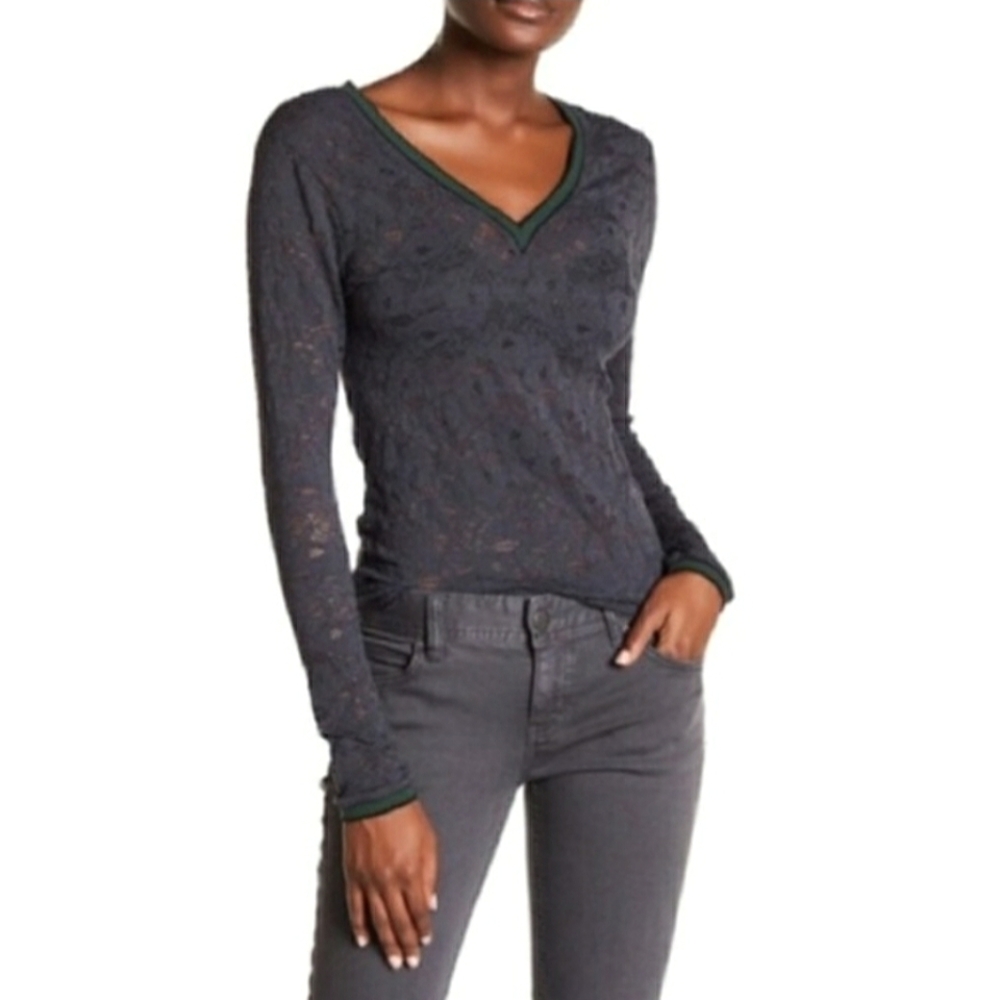 Intimately Free‎ People Gray Lace Double V-Neck Top Size XS Green Trim SemiSheer